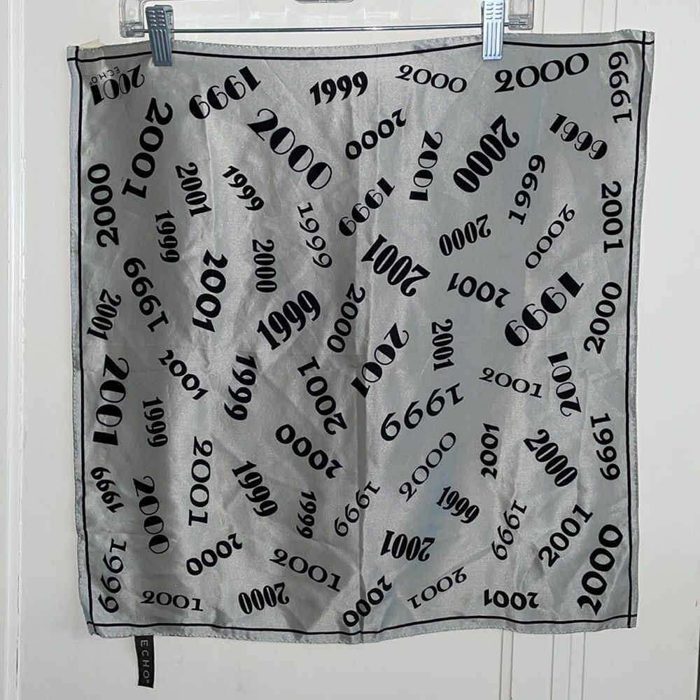 Vtg‎ Y2K Echo black & gray silk scarf with “1999” “2000” & “2001”
